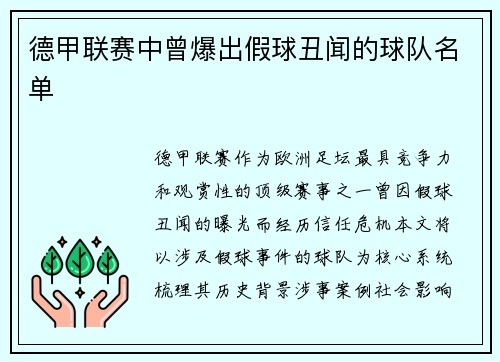 德甲联赛中曾爆出假球丑闻的球队名单